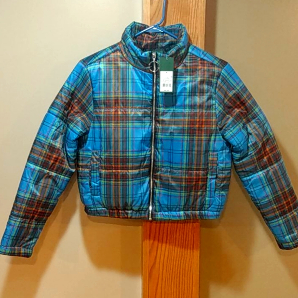 NWT Women's Wild Fable Blue Plaid Puffer Jacket M